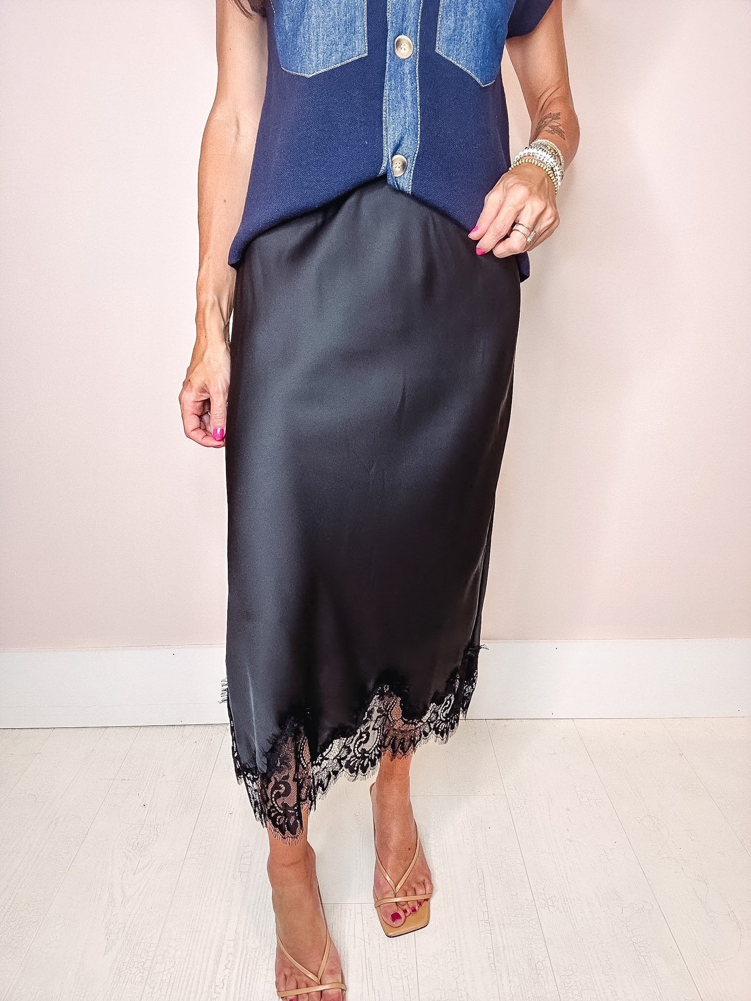 Aurelia Satin Midi Skirt-- Black