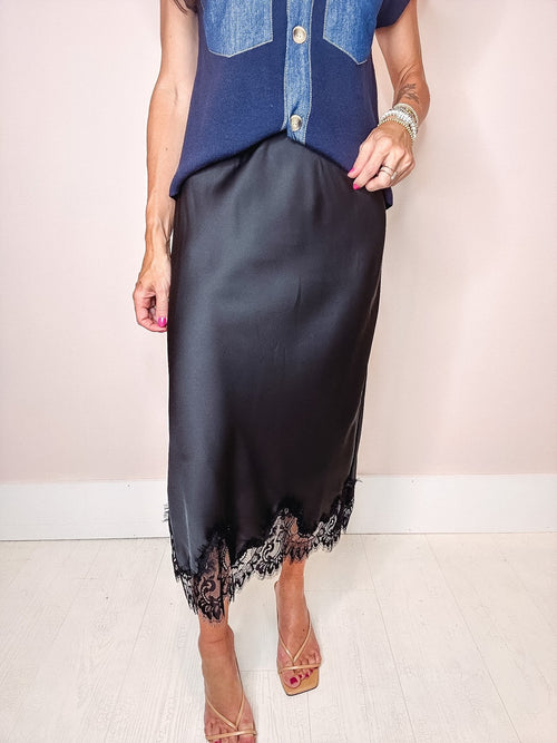 Aurelia Satin Midi Skirt-- Black