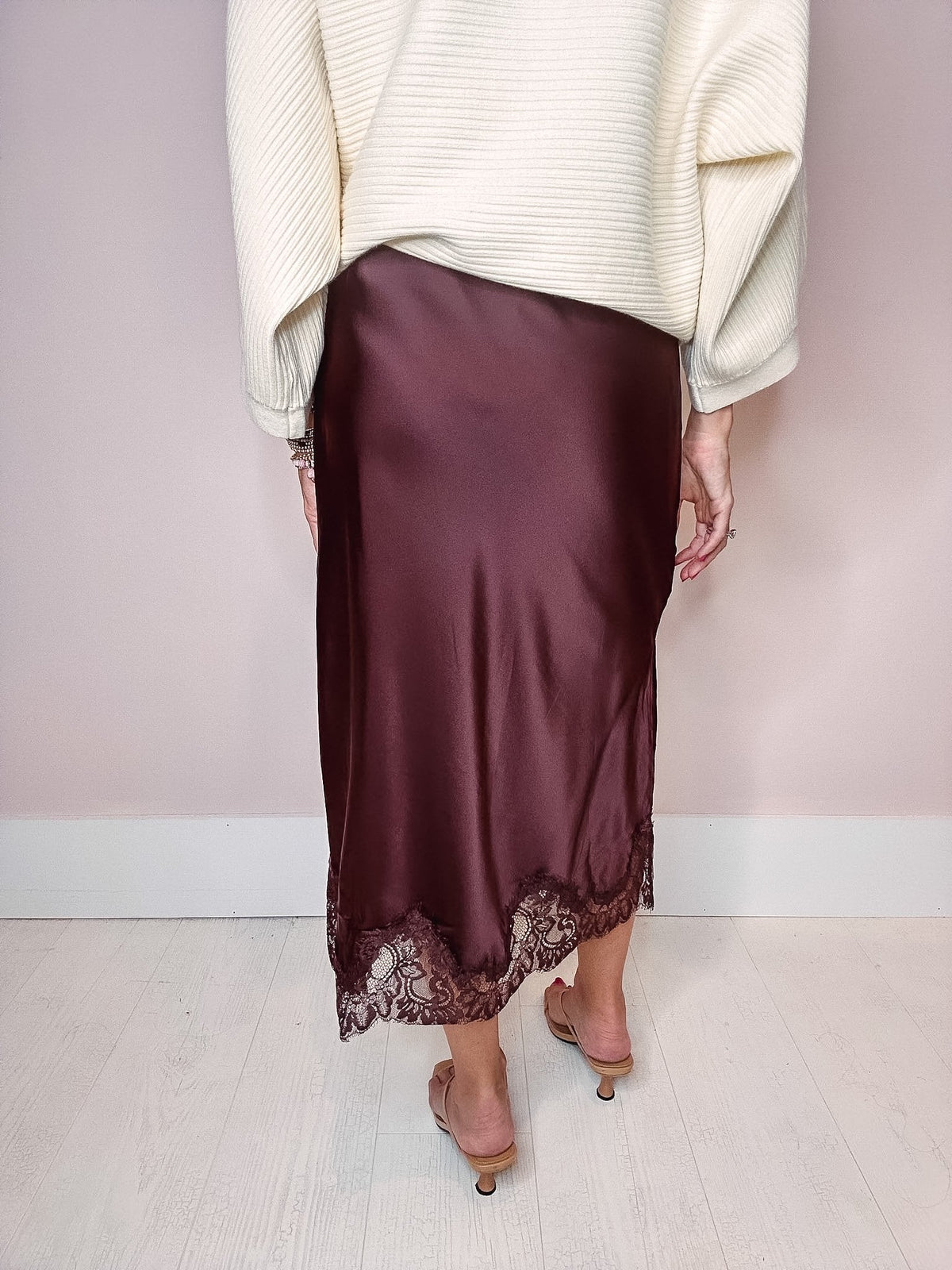Aurelia Satin Midi Skirt-- Brown