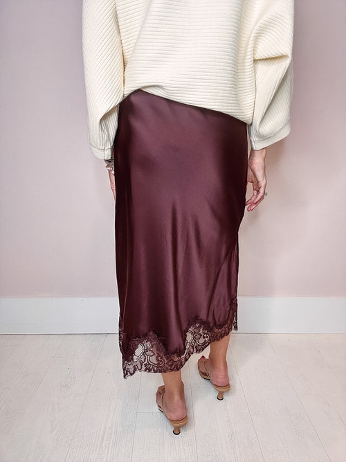Aurelia Satin Midi Skirt-- Brown