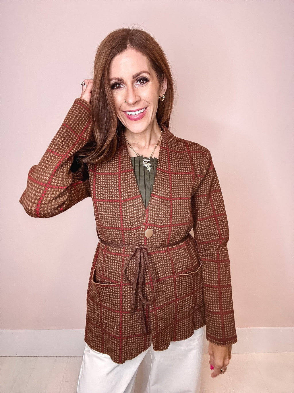 Celeste Plaid Belted Knit Blazer
