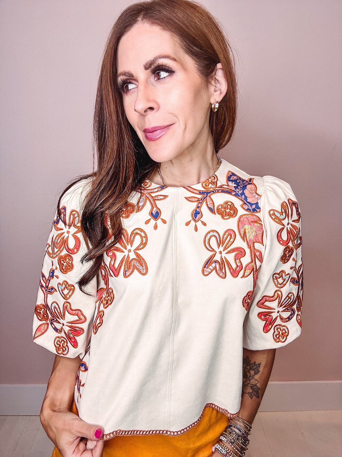 Fall Florals Embroidered Puff Sleeve Top