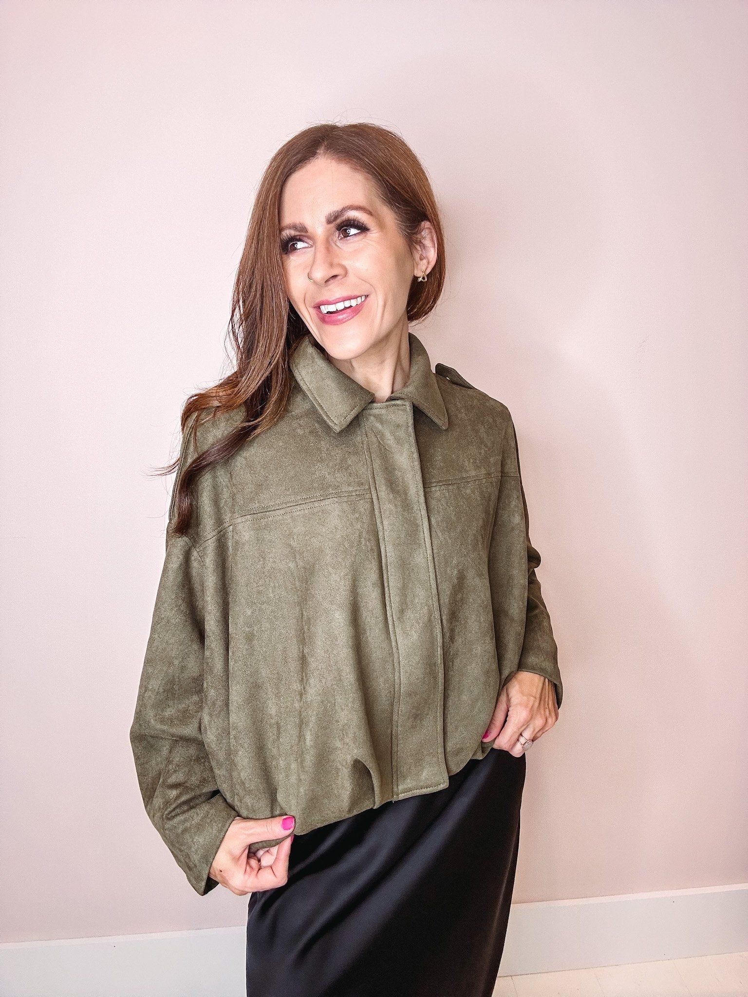 Harlow Faux Suede Zip Up Bubble Hem Jacket