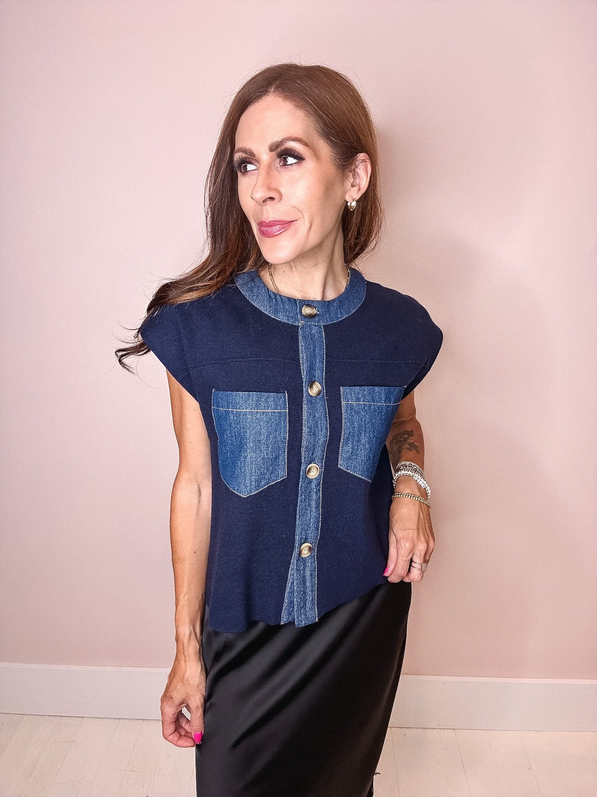 Serena Denim Trim Knit Top
