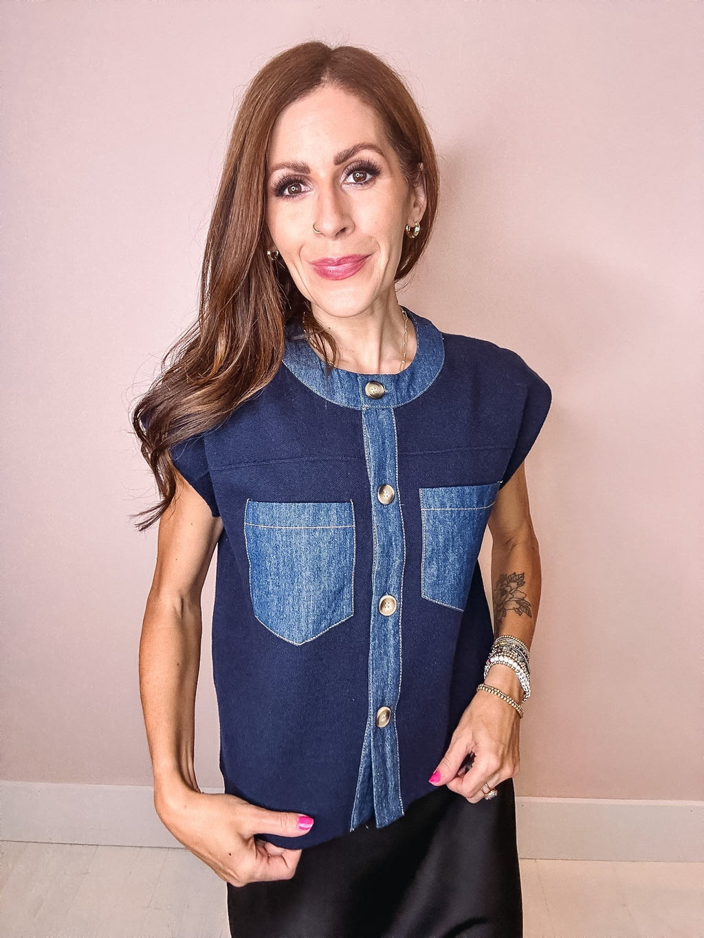 Serena Denim Trim Knit Top