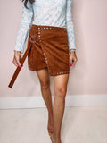 Studded Suede Asymmetrical Wrap Mini Skirt